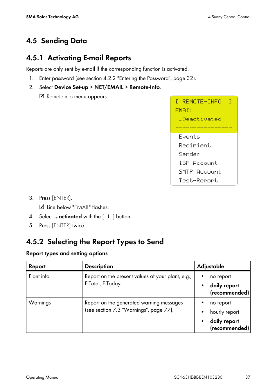 5 sending data, 1 activating e-mail reports, 2 selecting the report types to send | Sending data, Activating e-mail reports, Selecting the report types to send, 5 sending data 4.5.1 activating e-mail reports | SMA SC 400HE User Manual | Page 37 / 104