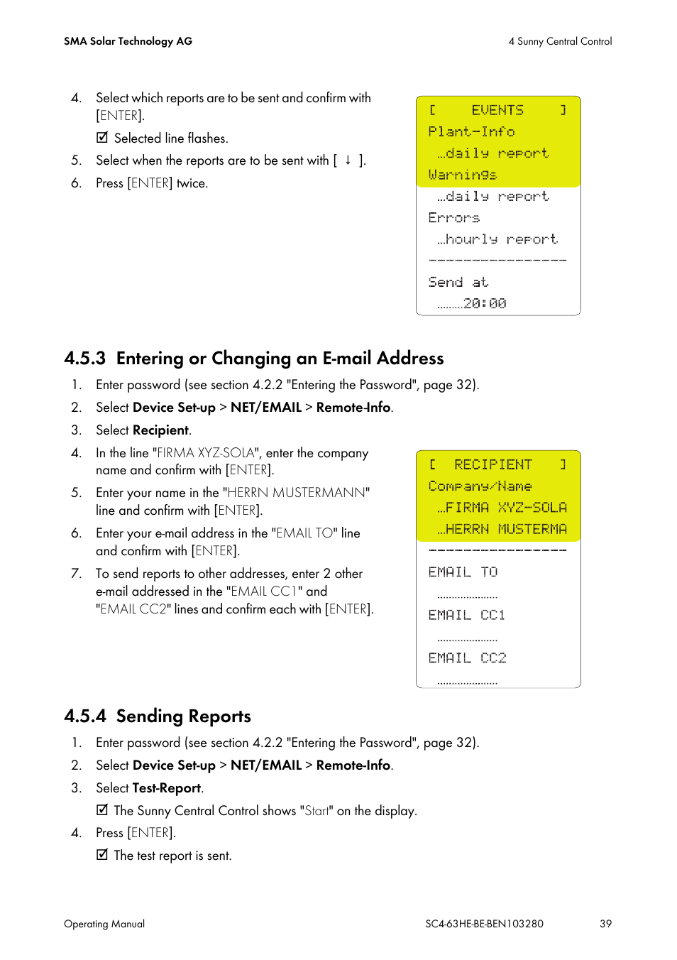 3 entering or changing an e-mail address, 4 sending reports, Entering or changing an e-mail address | Sending reports | SMA SC 400HE User Manual | Page 39 / 104