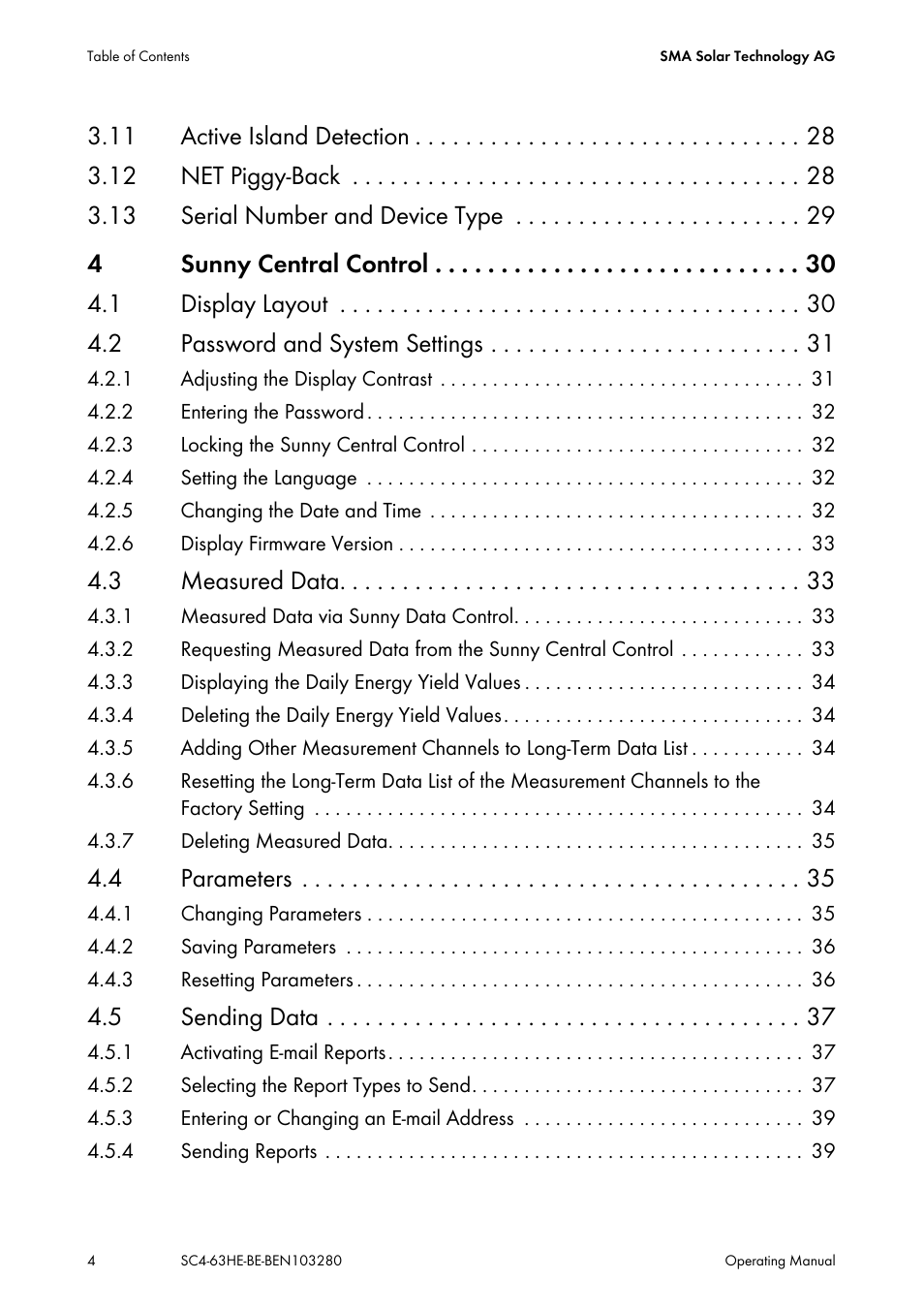 3 measured data, 4 parameters, 5 sending data | SMA SC 400HE User Manual | Page 4 / 104