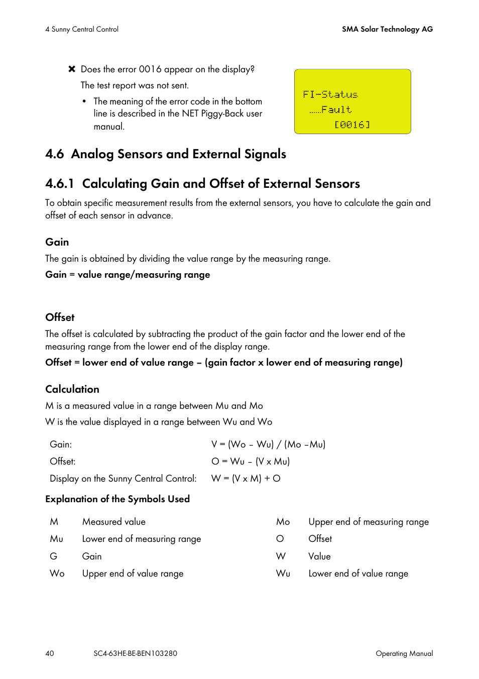 6 analog sensors and external signals, 1 calculating gain and offset of external sensors, Analog sensors and external signals | Calculating gain and offset of external sensors | SMA SC 400HE User Manual | Page 40 / 104