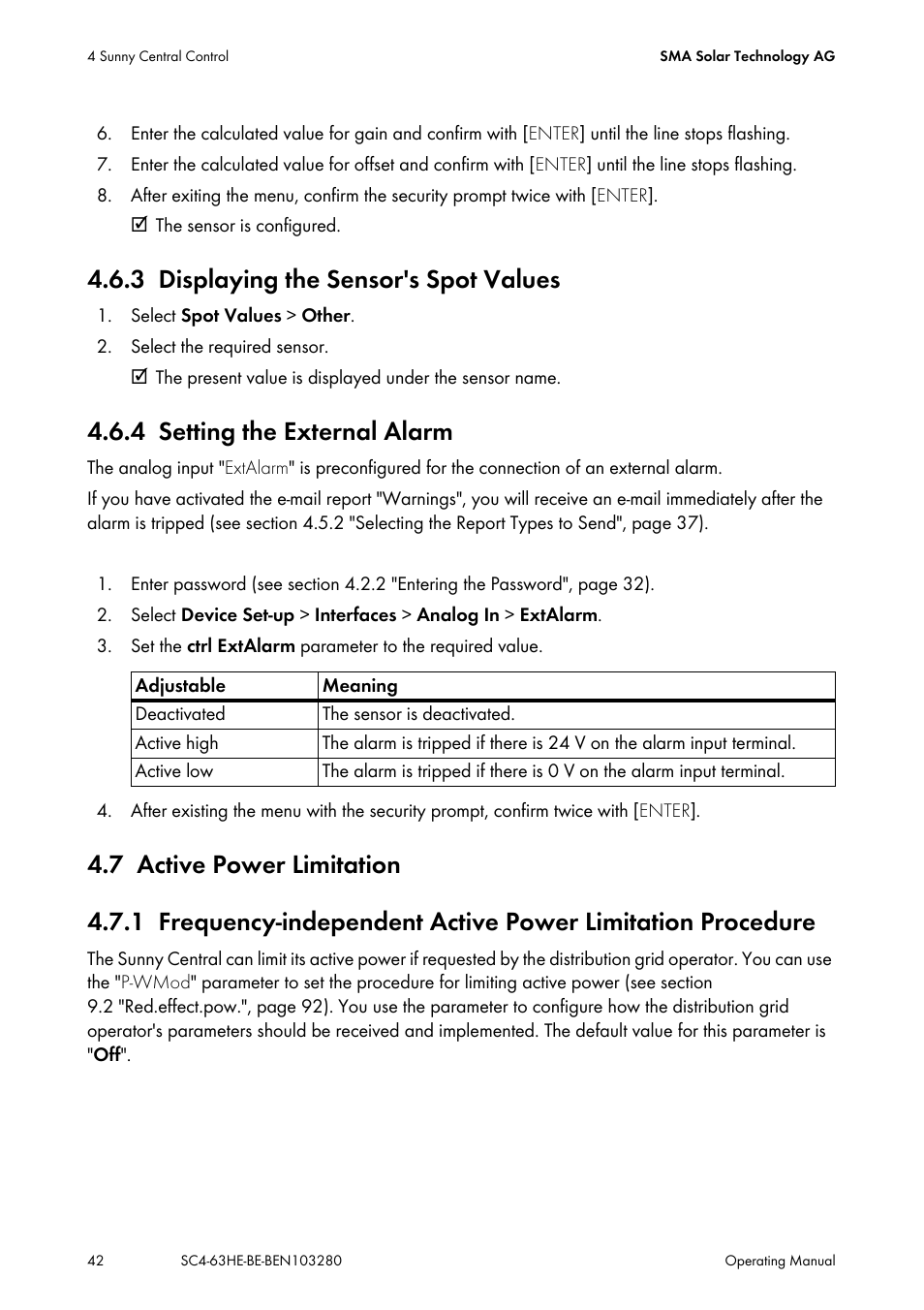 3 displaying the sensor's spot values, 4 setting the external alarm, 7 active power limitation | Displaying the sensor's spot values, Setting the external alarm, Active power limitation | SMA SC 400HE User Manual | Page 42 / 104