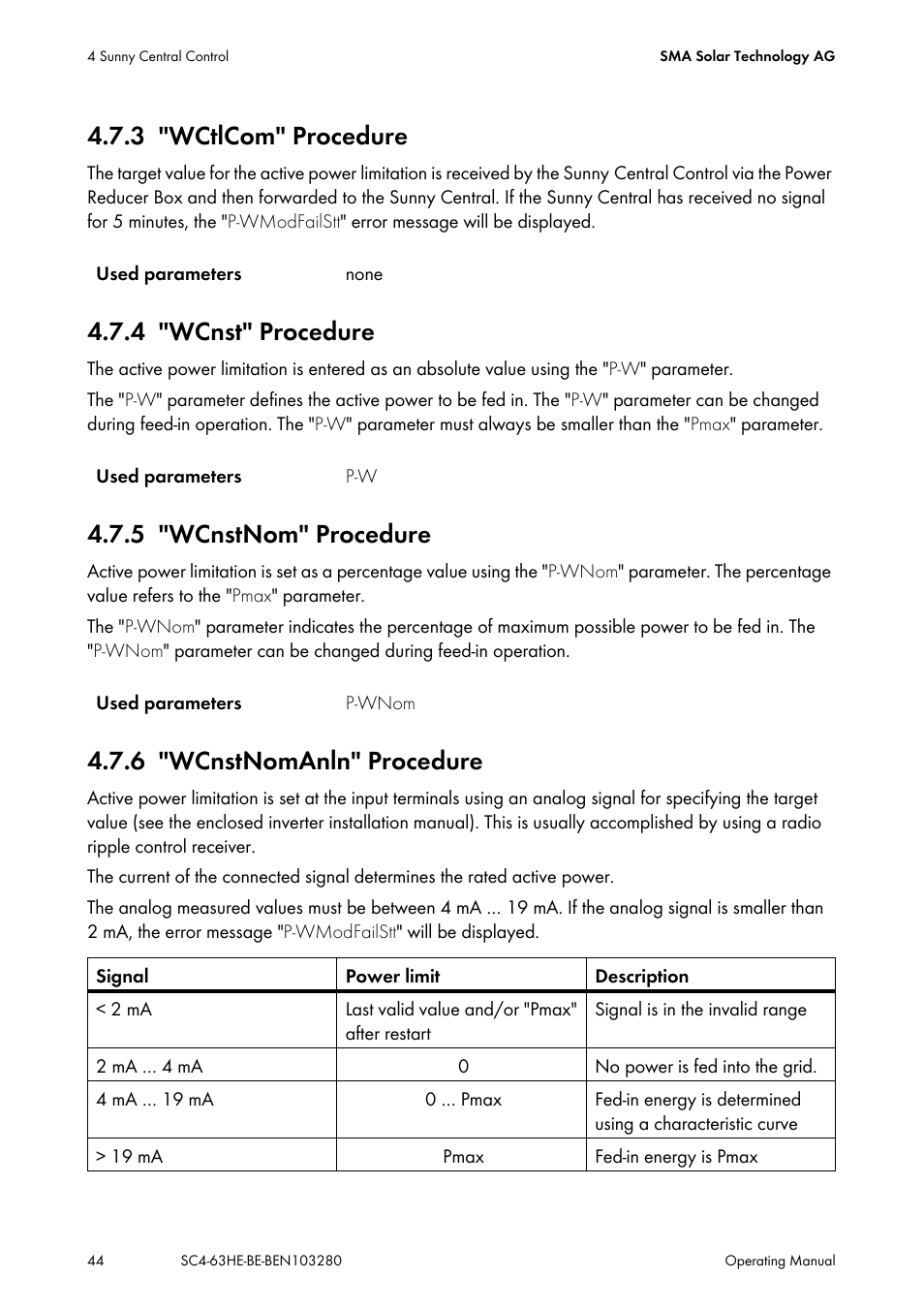 3 "wctlcom" procedure, 4 "wcnst" procedure, 5 "wcnstnom" procedure | 6 "wcnstnomanln" procedure, Wctlcom" procedure, Wcnst" procedure, Wcnstnom" procedure, Wcnstnomanln" procedure | SMA SC 400HE User Manual | Page 44 / 104