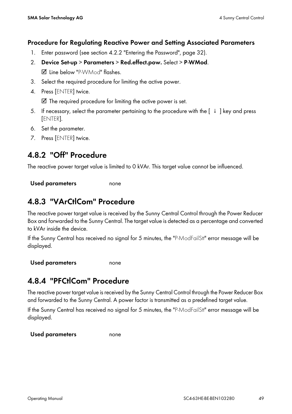 2 "off" procedure, 3 "varctlcom" procedure, 4 "pfctlcom" procedure | Off" procedure, Varctlcom" procedure, Pfctlcom" procedure | SMA SC 400HE User Manual | Page 49 / 104