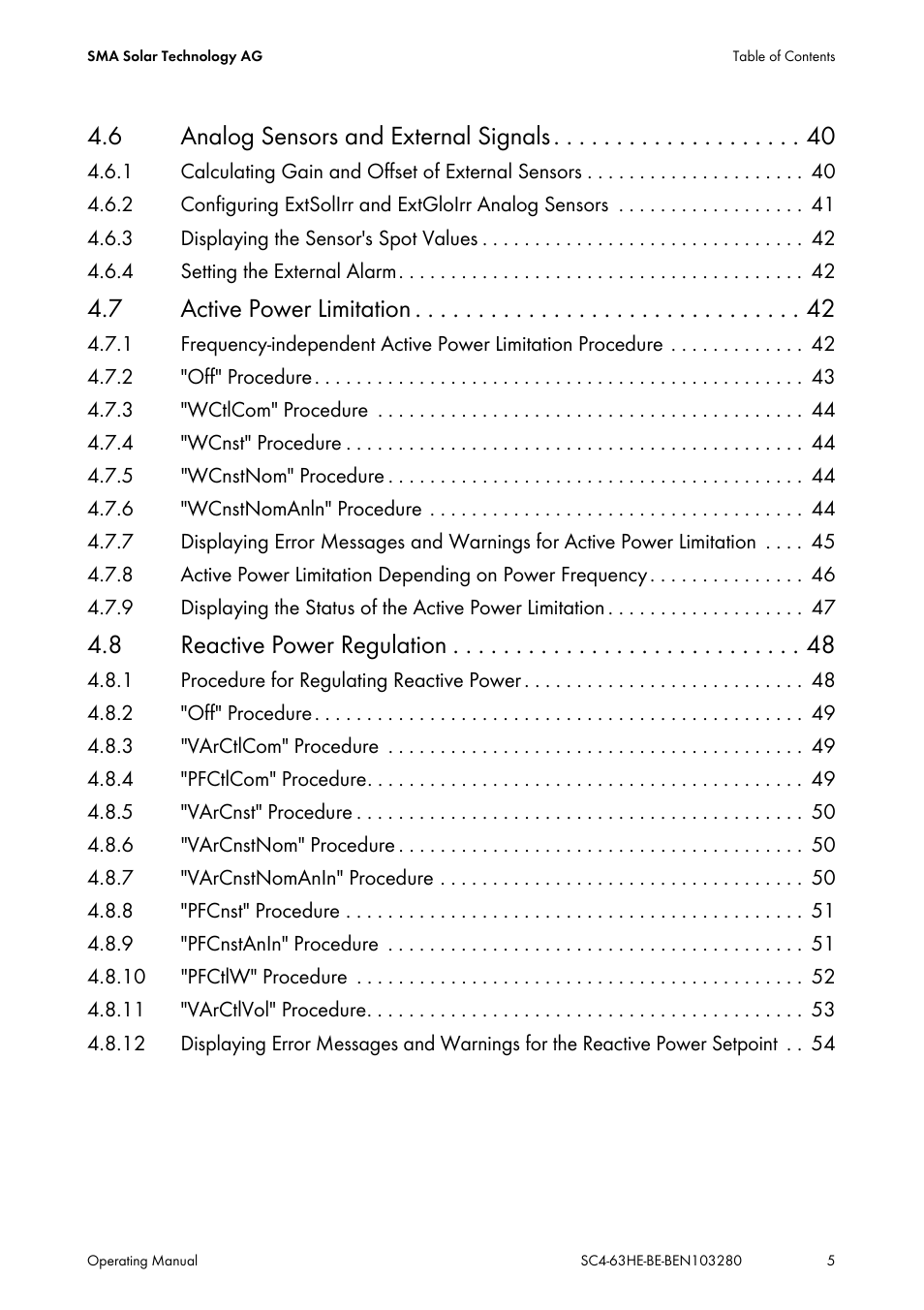 6 analog sensors and external signals, 7 active power limitation, 8 reactive power regulation | SMA SC 400HE User Manual | Page 5 / 104