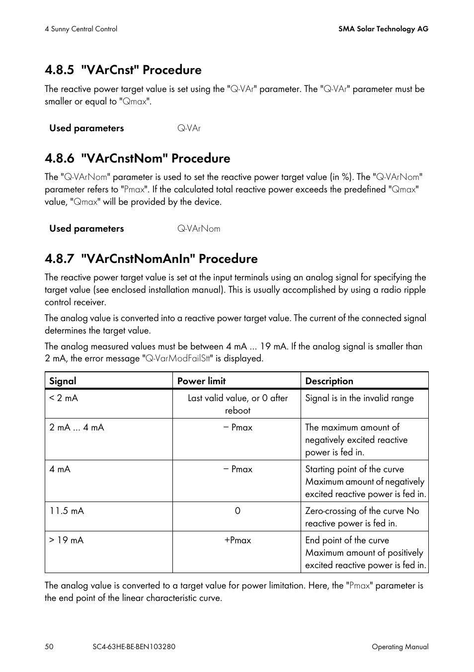 5 "varcnst" procedure, 6 "varcnstnom" procedure, 7 "varcnstnomanin" procedure | Varcnst" procedure, Varcnstnom" procedure, Varcnstnomanin" procedure | SMA SC 400HE User Manual | Page 50 / 104