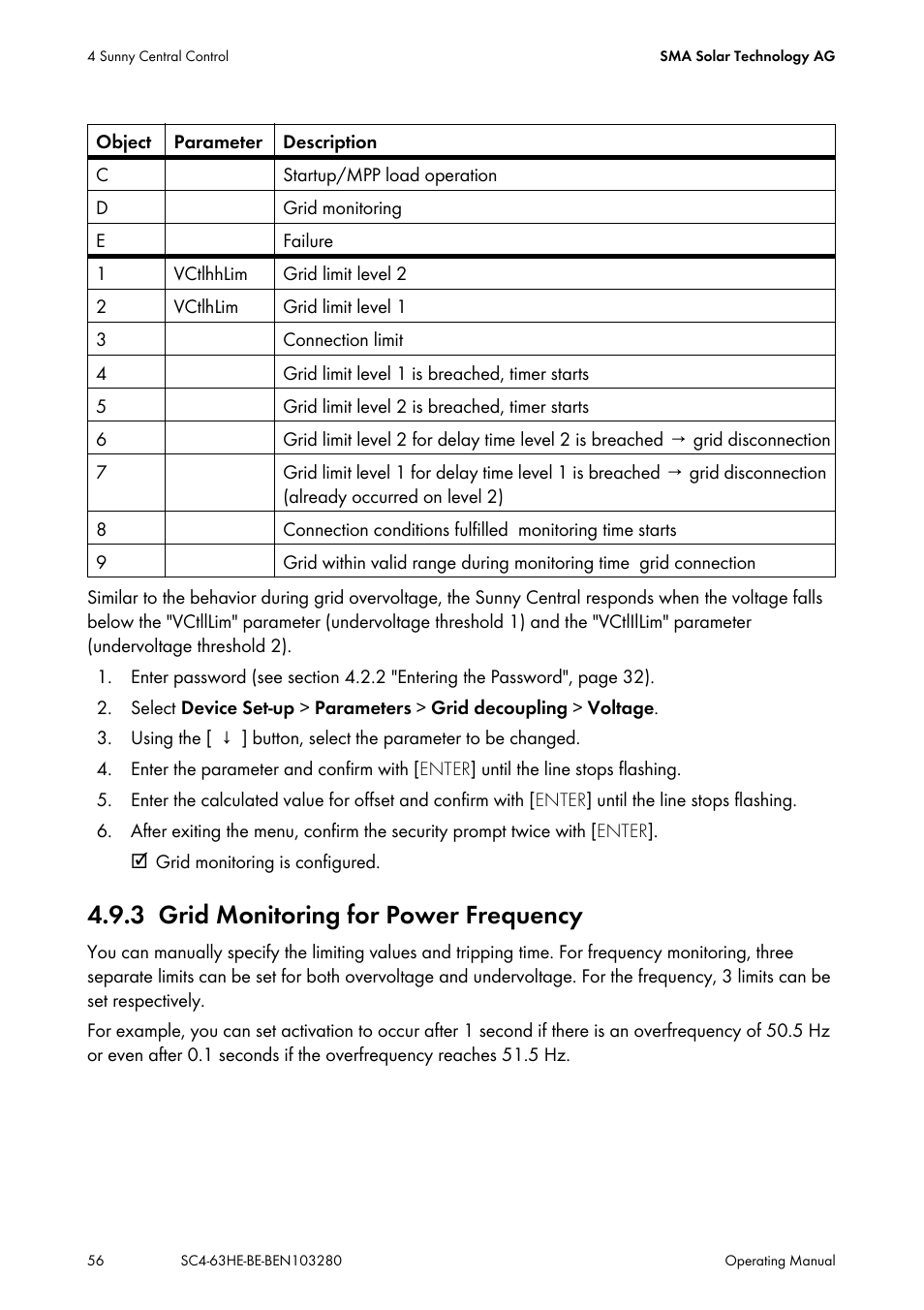 3 grid monitoring for power frequency, Grid monitoring for power frequency | SMA SC 400HE User Manual | Page 56 / 104