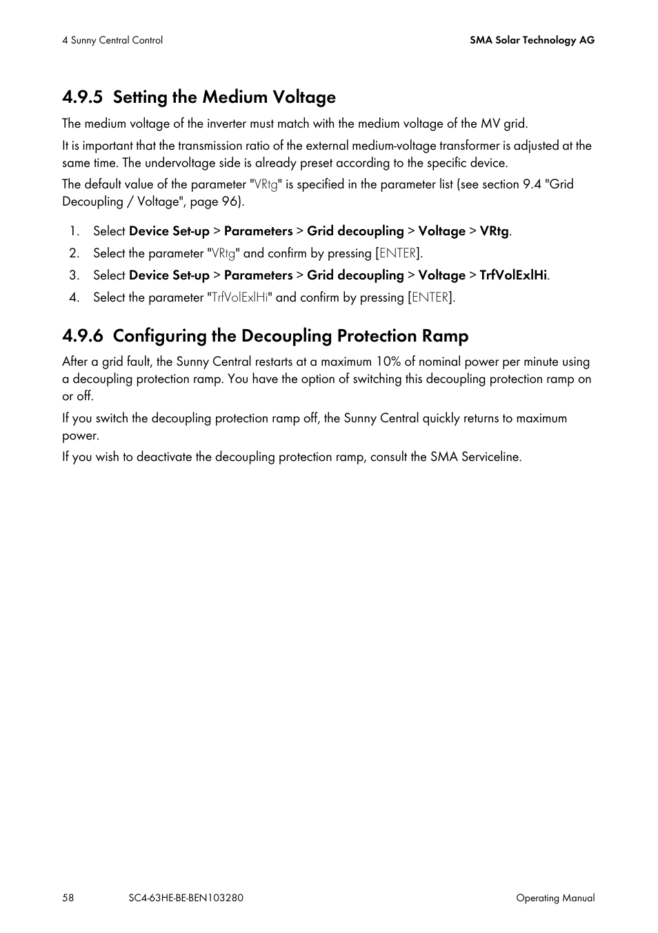 5 setting the medium voltage, 6 configuring the decoupling protection ramp, Setting the medium voltage | Configuring the decoupling protection ramp | SMA SC 400HE User Manual | Page 58 / 104
