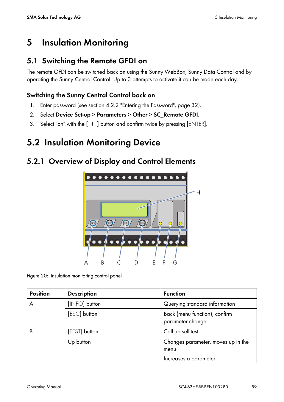 5 insulation monitoring, 1 switching the remote gfdi on, 2 insulation monitoring device | 1 overview of display and control elements, Insulation monitoring, Switching the remote gfdi on, Insulation monitoring device, Overview of display and control elements | SMA SC 400HE User Manual | Page 59 / 104