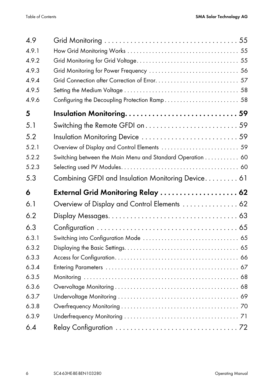 9 grid monitoring, 4 relay configuration | SMA SC 400HE User Manual | Page 6 / 104