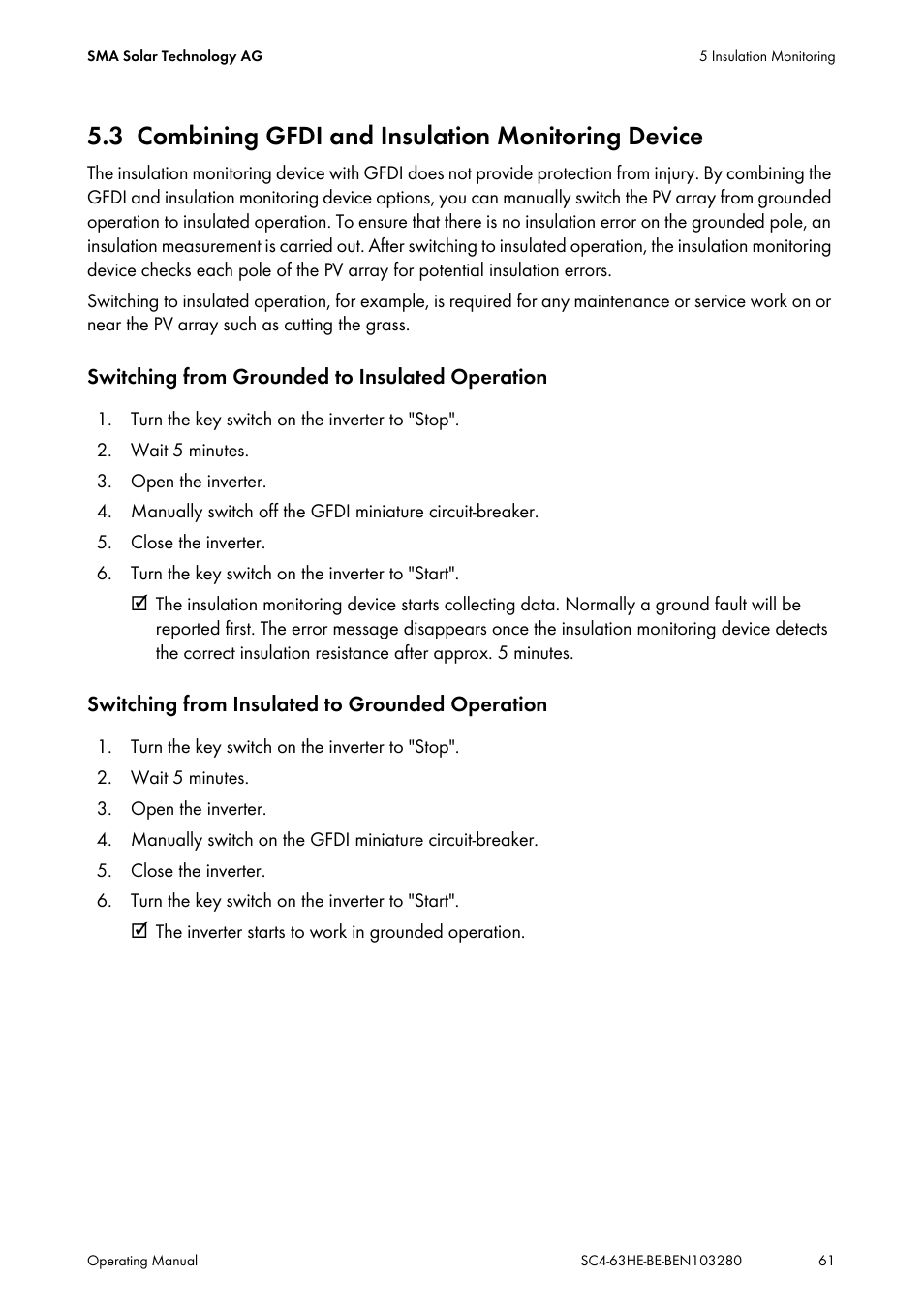 3 combining gfdi and insulation monitoring device, Combining gfdi and insulation monitoring device | SMA SC 400HE User Manual | Page 61 / 104