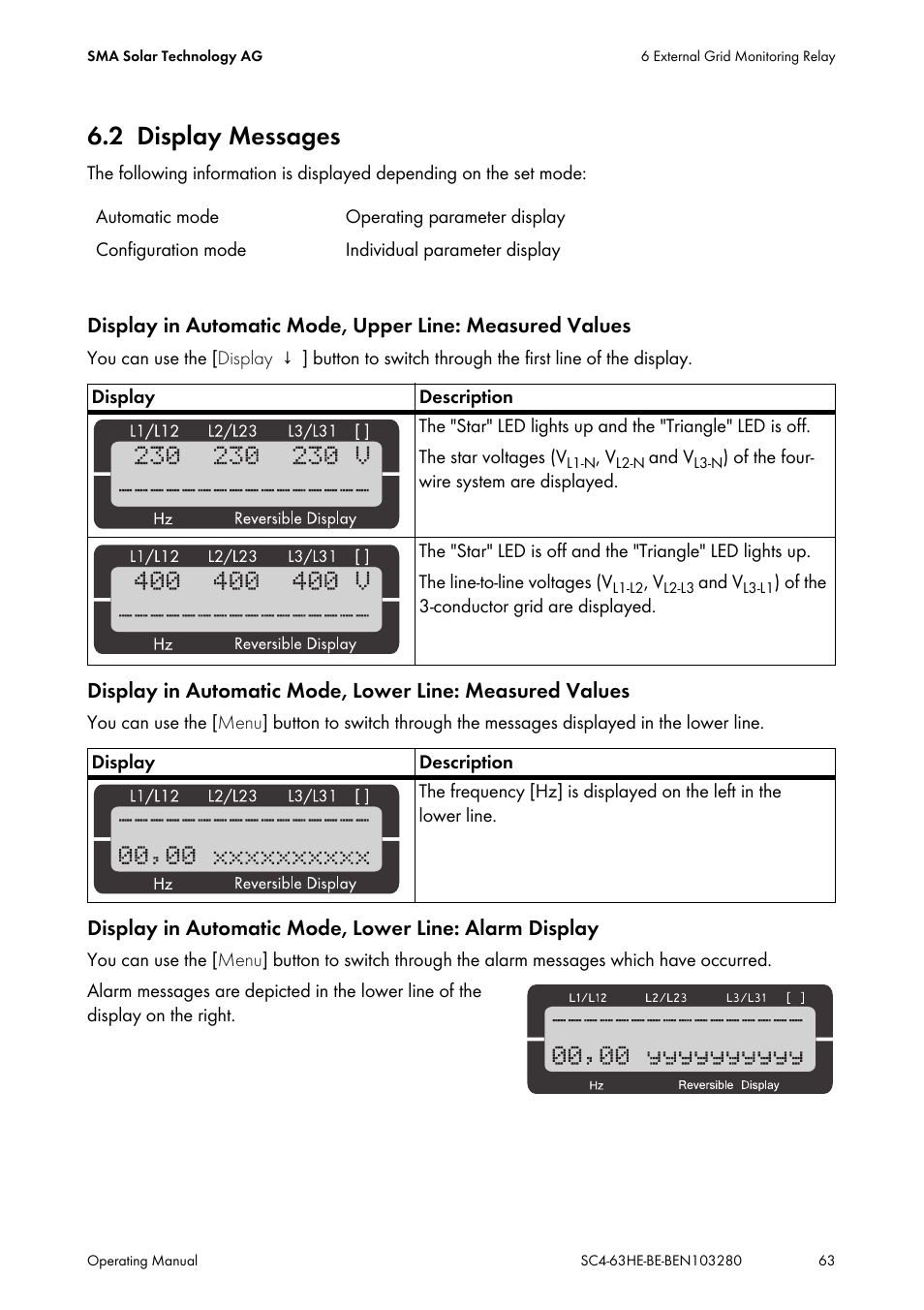 2 display messages, Display messages | SMA SC 400HE User Manual | Page 63 / 104