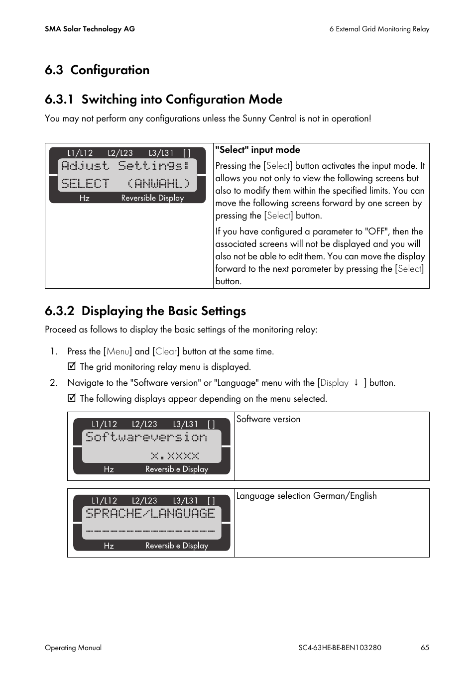 3 configuration, 1 switching into configuration mode, 2 displaying the basic settings | Configuration, Switching into configuration mode, Displaying the basic settings | SMA SC 400HE User Manual | Page 65 / 104