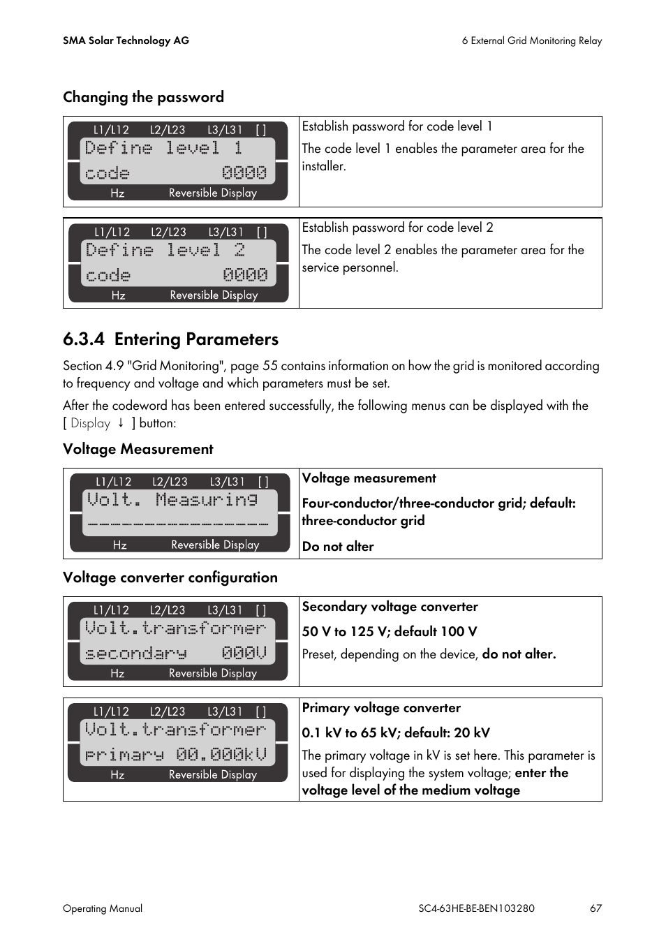 4 entering parameters, Entering parameters | SMA SC 400HE User Manual | Page 67 / 104