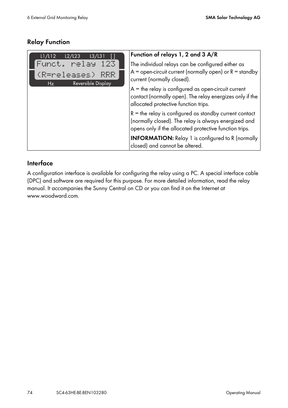 Relay function interface | SMA SC 400HE User Manual | Page 74 / 104