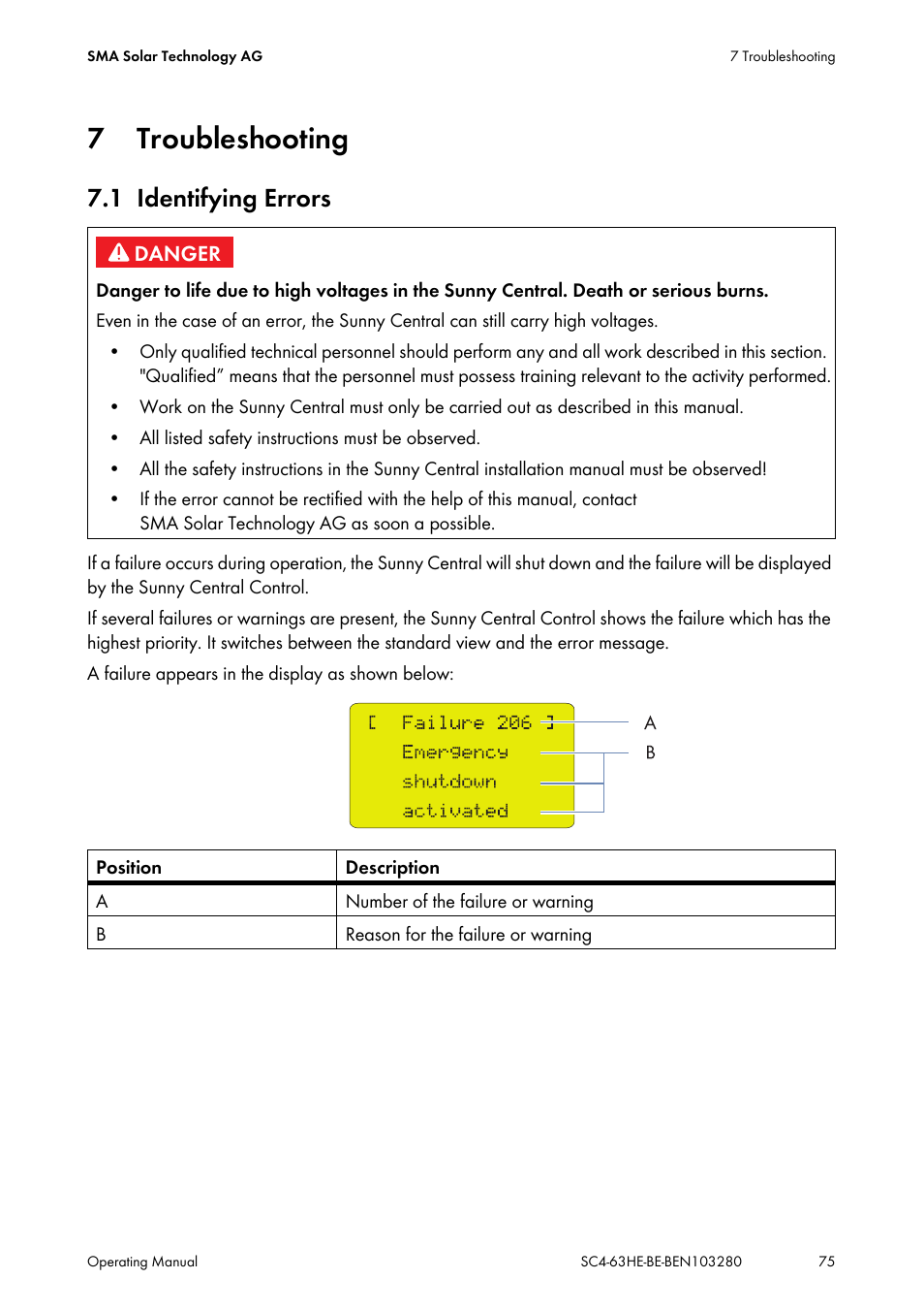 7 troubleshooting, 1 identifying errors, Troubleshooting | Identifying errors | SMA SC 400HE User Manual | Page 75 / 104