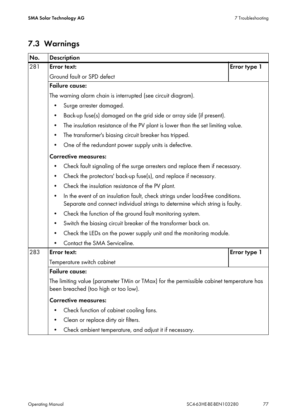 3 warnings, Warnings | SMA SC 400HE User Manual | Page 77 / 104