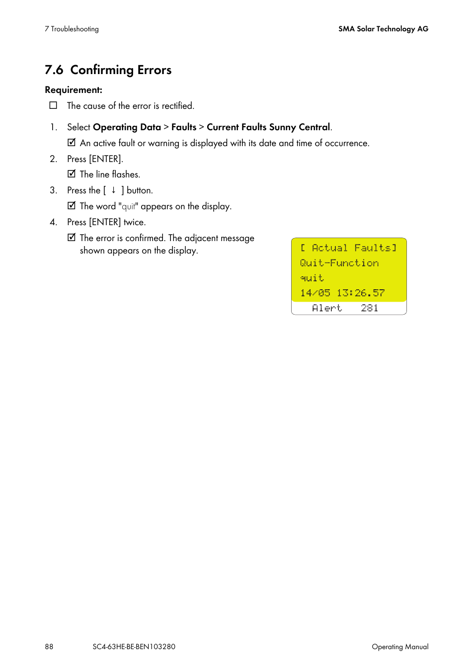 6 confirming errors, Confirming errors | SMA SC 400HE User Manual | Page 88 / 104