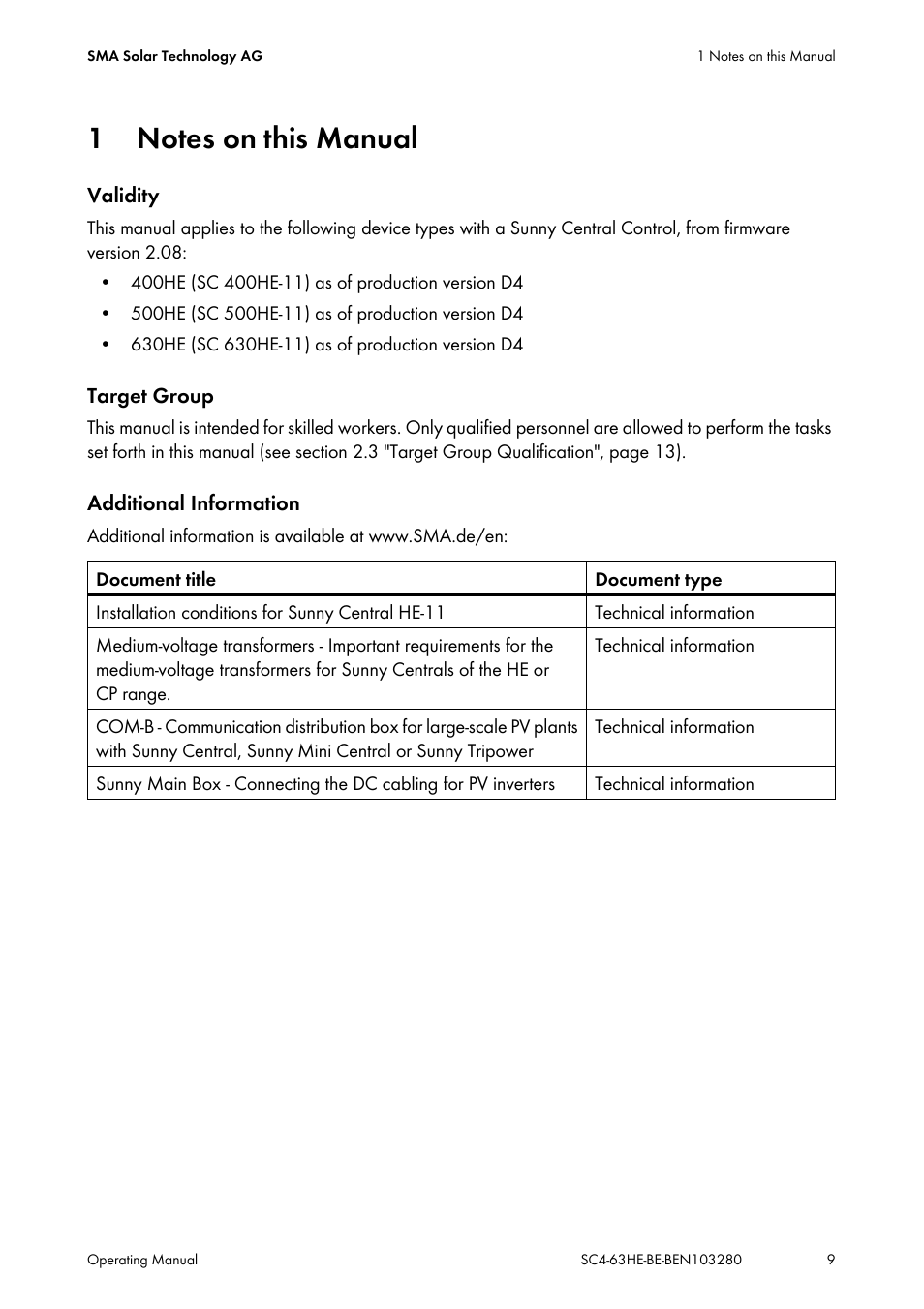 1 notes on this manual, Notes on this manual | SMA SC 400HE User Manual | Page 9 / 104