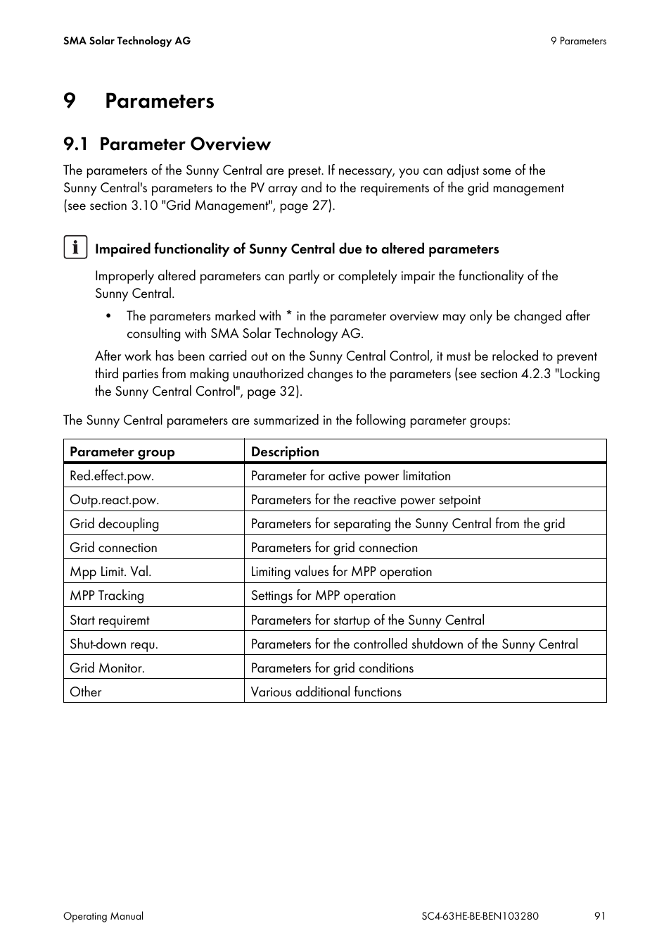 9 parameters, 1 parameter overview, Parameters | Parameter overview | SMA SC 400HE User Manual | Page 91 / 104