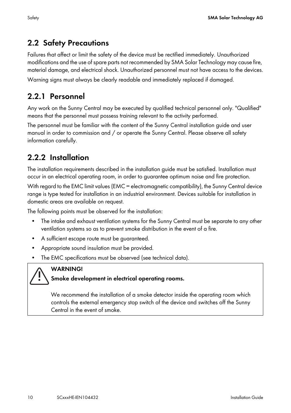 2 safety precautions, 1 personnel, 2 installation | Safety precautions, Personnel, Installation | SMA SC 400HE Installation User Manual | Page 10 / 108