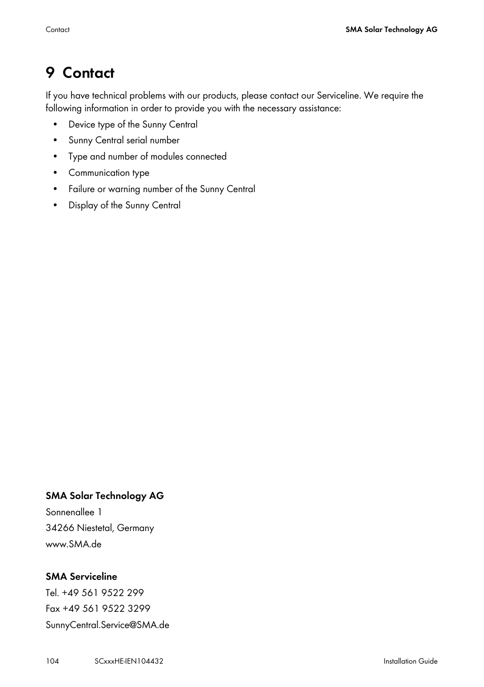 9 contact, Contact | SMA SC 400HE Installation User Manual | Page 104 / 108