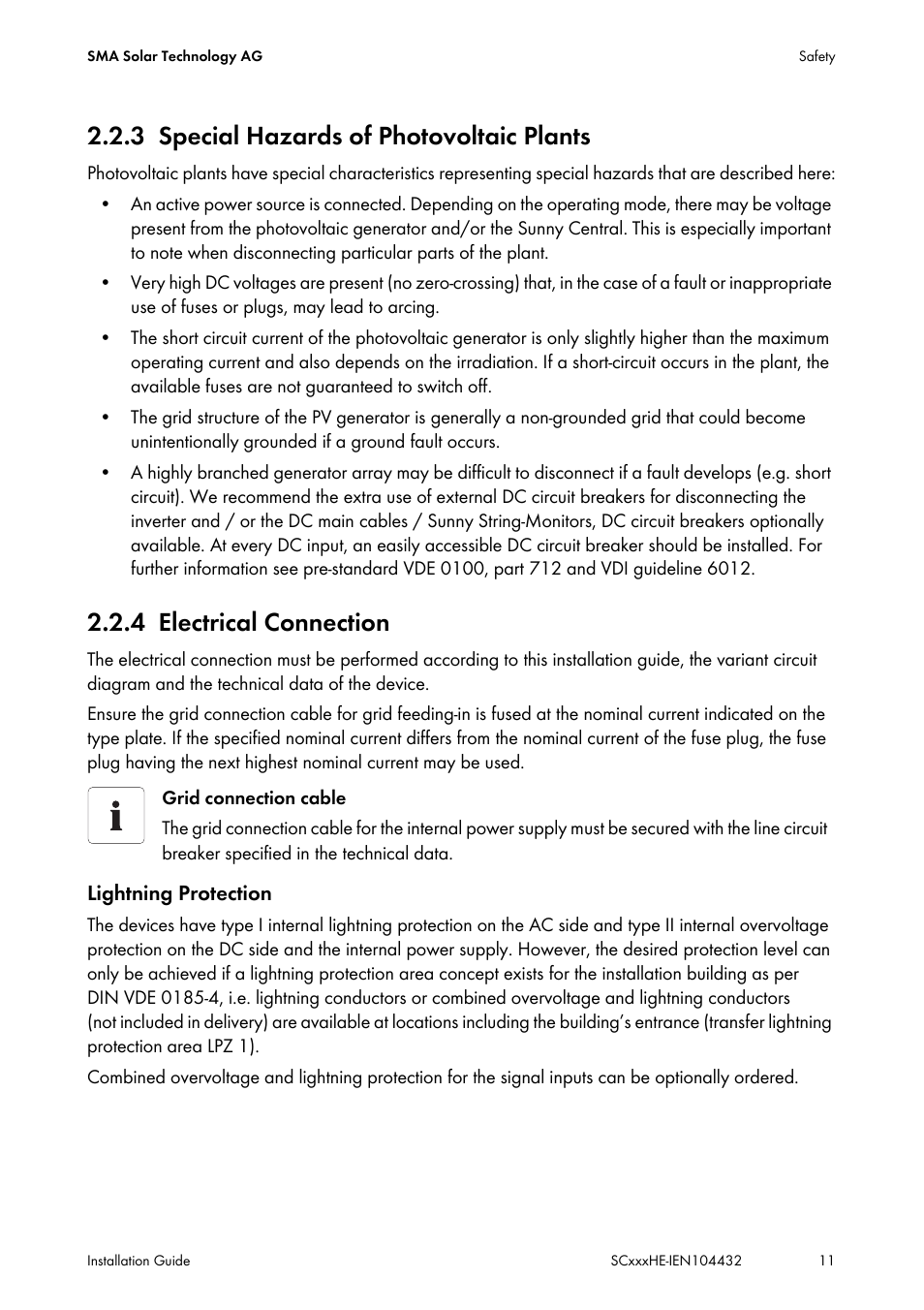 3 special hazards of photovoltaic plants, 4 electrical connection, Special hazards of photovoltaic plants | Electrical connection | SMA SC 400HE Installation User Manual | Page 11 / 108