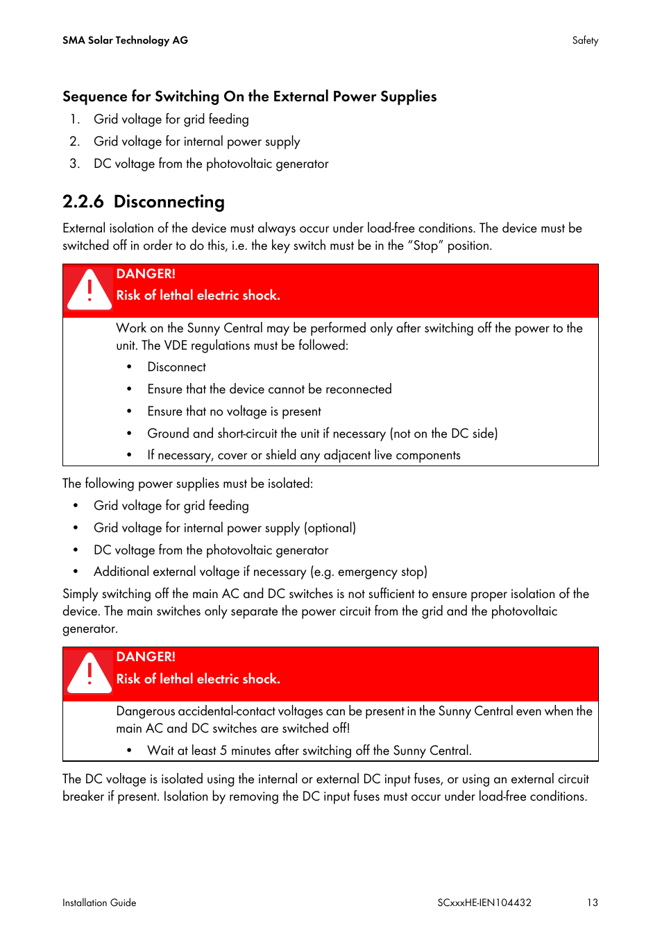 6 disconnecting, Disconnecting | SMA SC 400HE Installation User Manual | Page 13 / 108