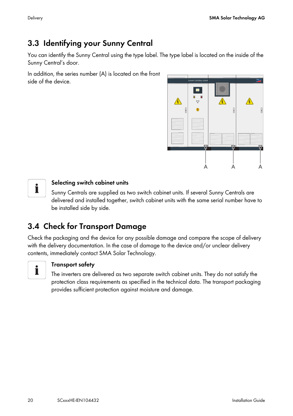 3 identifying your sunny central, 4 check for transport damage, Identifying your sunny central | Check for transport damage | SMA SC 400HE Installation User Manual | Page 20 / 108