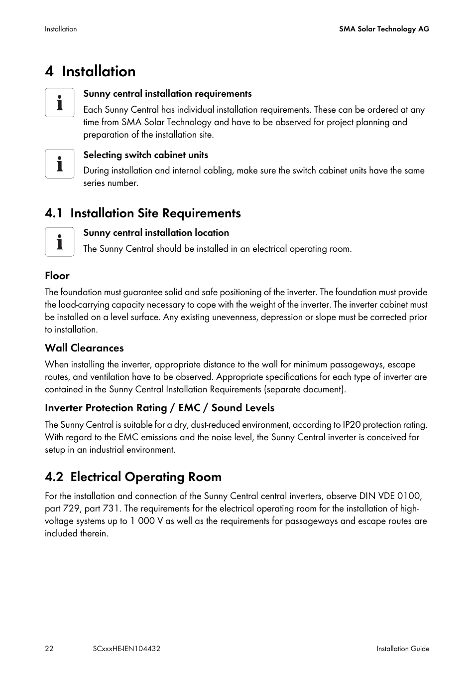 4 installation, 1 installation site requirements, 2 electrical operating room | Installation, Installation site requirements, Electrical operating room | SMA SC 400HE Installation User Manual | Page 22 / 108