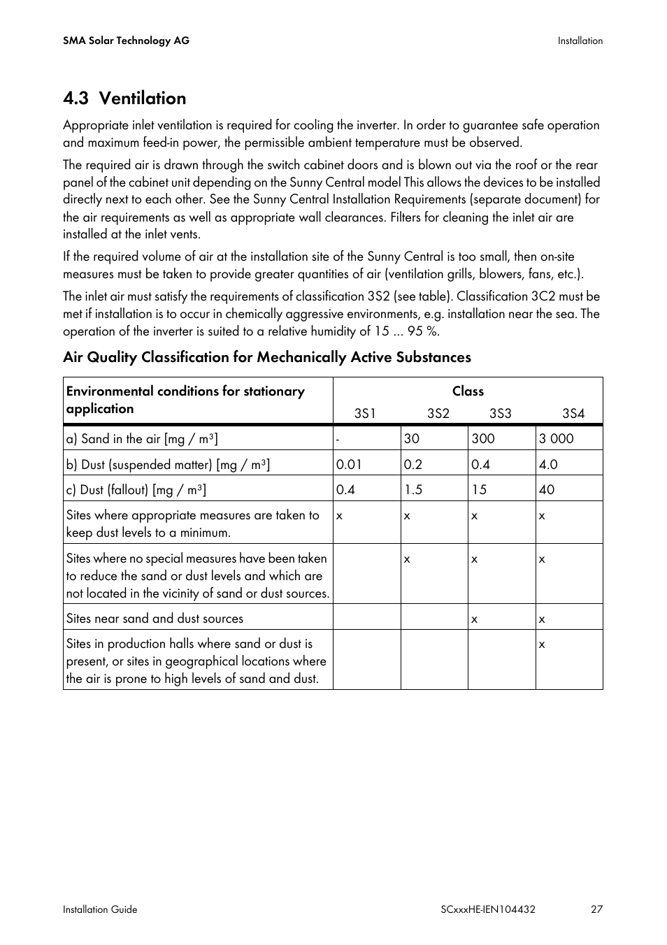 3 ventilation, Ventilation | SMA SC 400HE Installation User Manual | Page 27 / 108