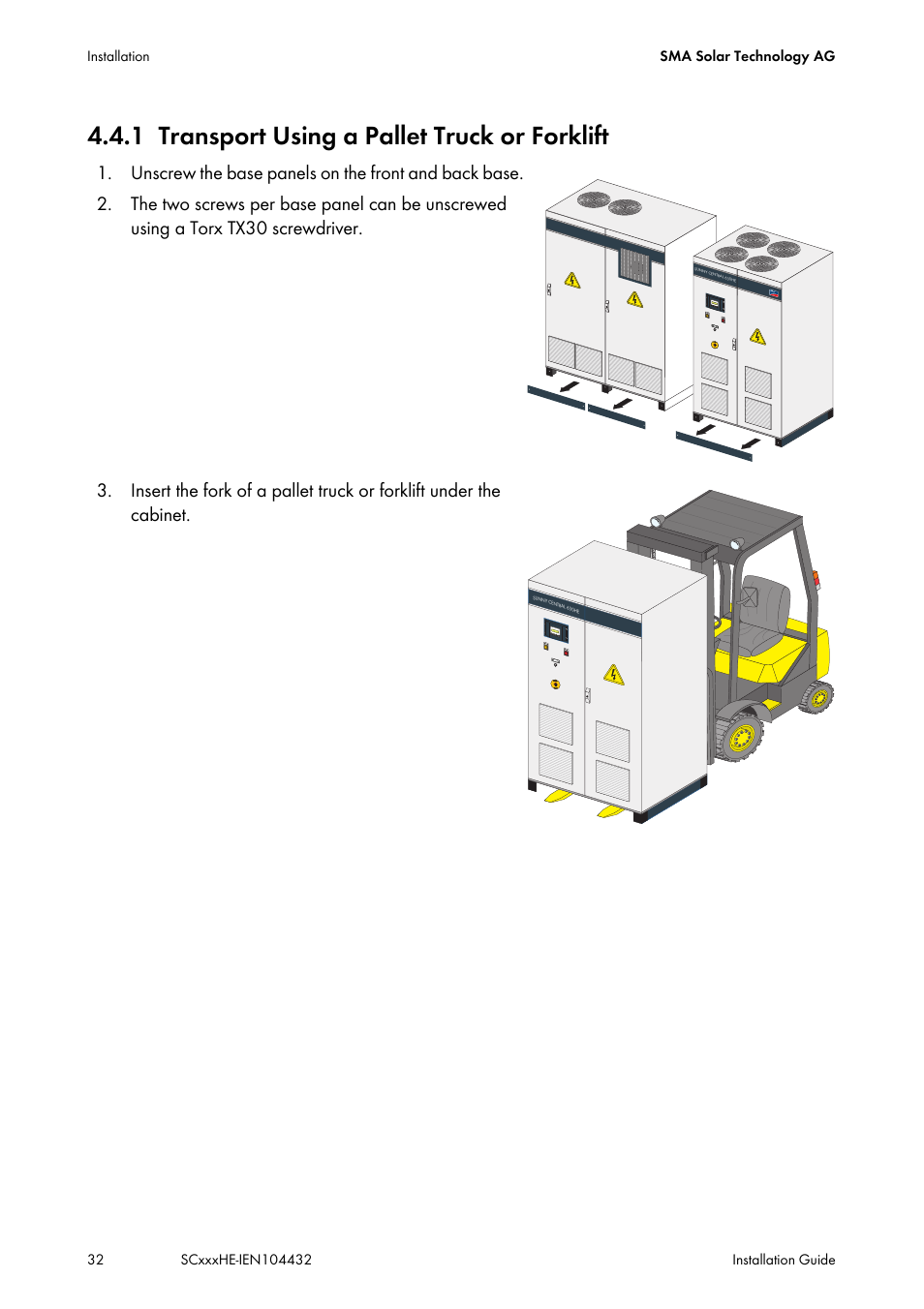 1 transport using a pallet truck or forklift, Transport using a pallet truck or forklift | SMA SC 400HE Installation User Manual | Page 32 / 108