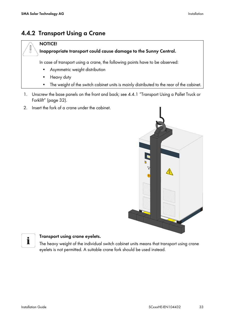 2 transport using a crane, Transport using a crane | SMA SC 400HE Installation User Manual | Page 33 / 108