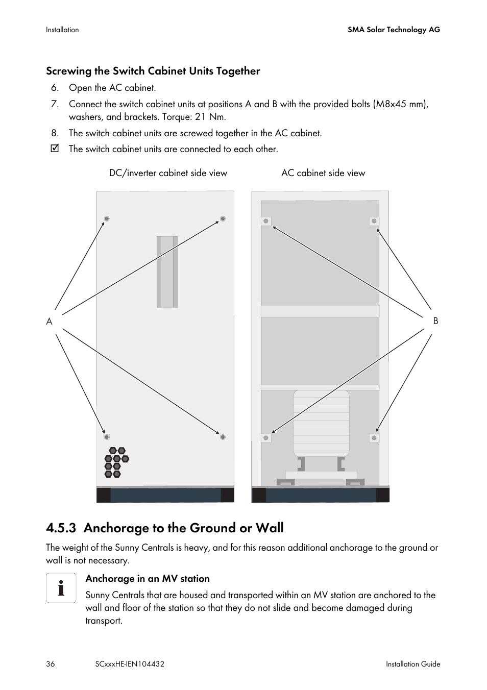 3 anchorage to the ground or wall, Anchorage to the ground or wall | SMA SC 400HE Installation User Manual | Page 36 / 108