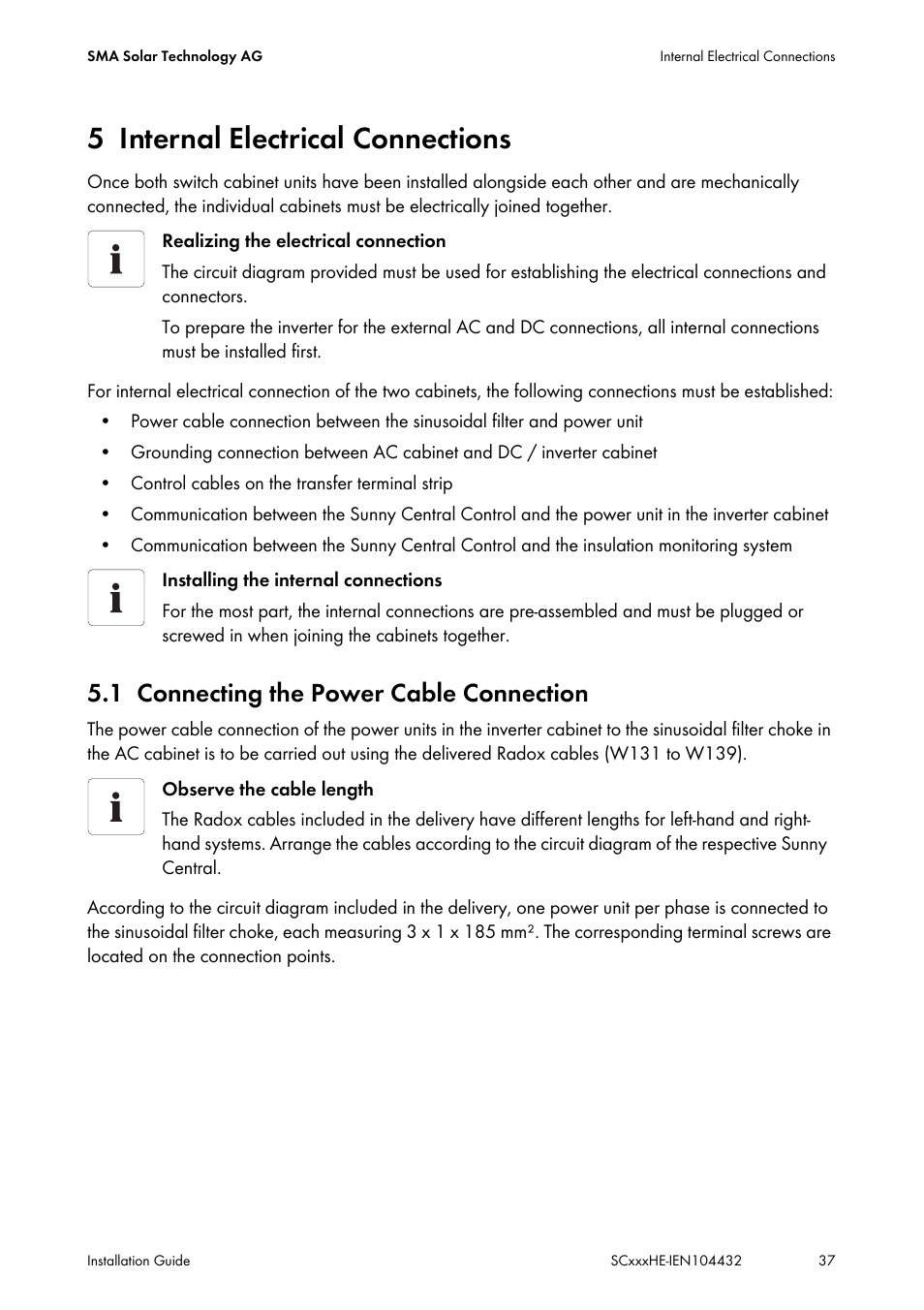 5 internal electrical connections, 1 connecting the power cable connection, Internal electrical connections | Connecting the power cable connection | SMA SC 400HE Installation User Manual | Page 37 / 108