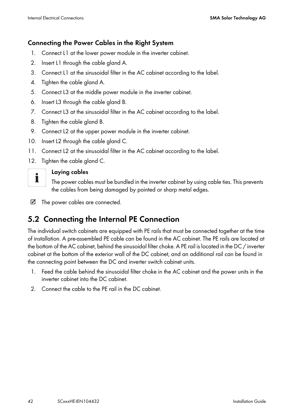 2 connecting the internal pe connection, Connecting the internal pe connection | SMA SC 400HE Installation User Manual | Page 42 / 108