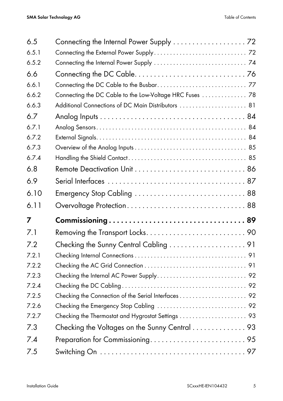 5 connecting the internal power supply, 6 connecting the dc cable, 7 analog inputs | SMA SC 400HE Installation User Manual | Page 5 / 108