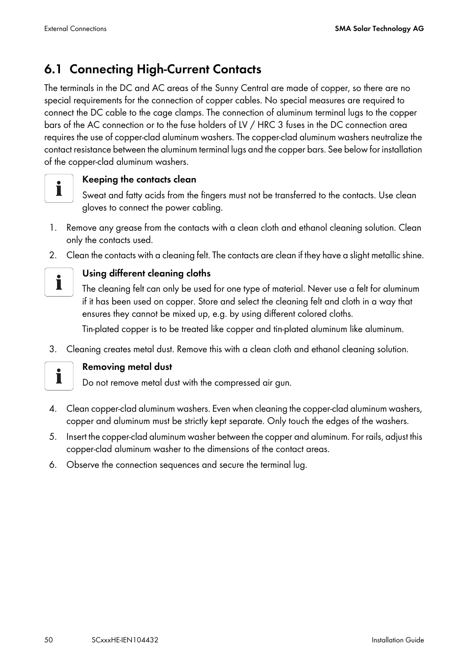 1 connecting high-current contacts, Connecting high-current contacts | SMA SC 400HE Installation User Manual | Page 50 / 108