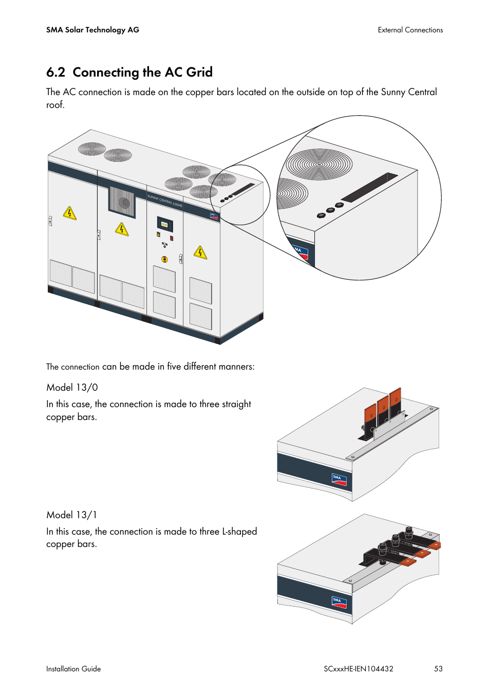 2 connecting the ac grid, Connecting the ac grid | SMA SC 400HE Installation User Manual | Page 53 / 108