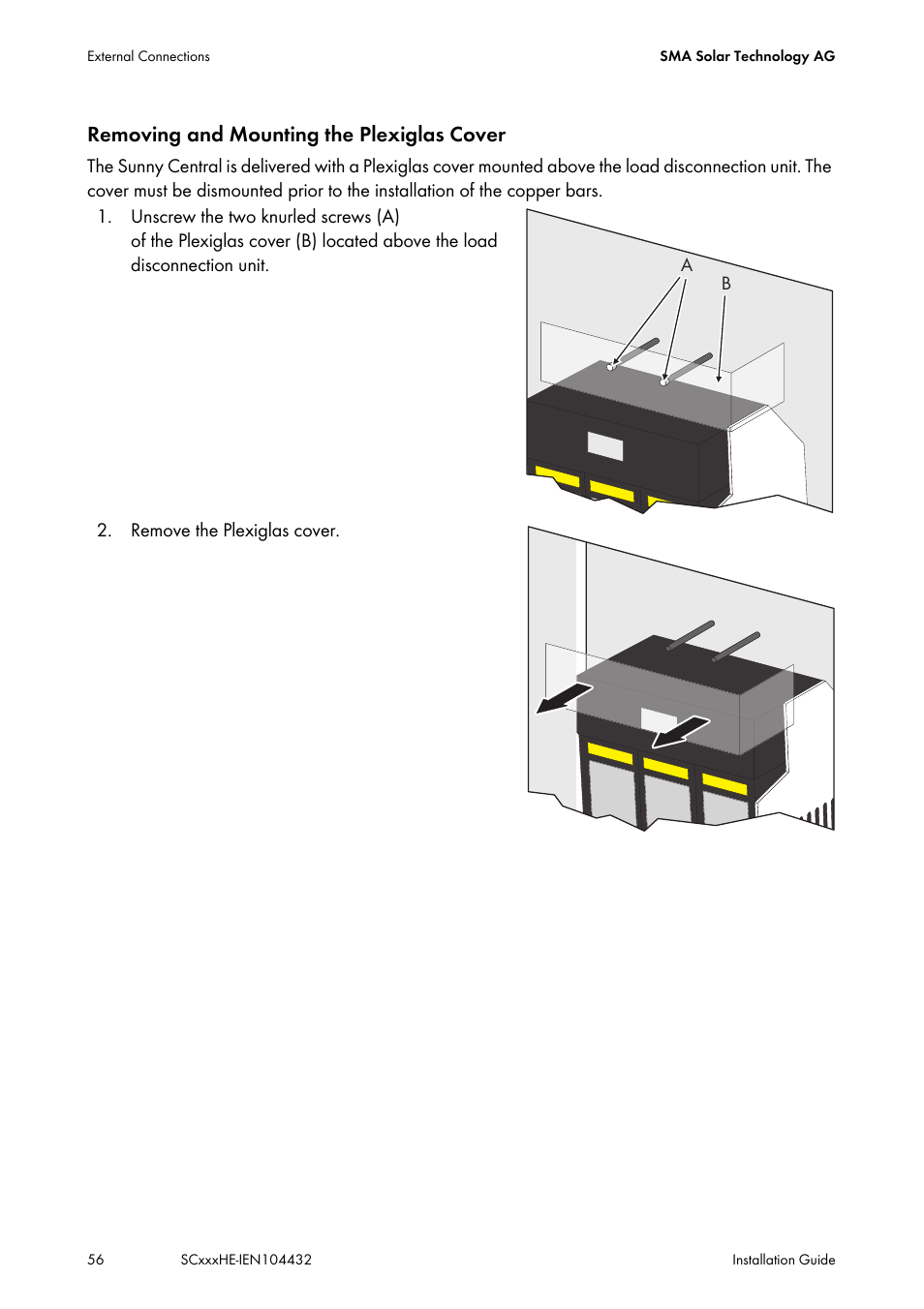 Removing and mounting the plexiglas cover | SMA SC 400HE Installation User Manual | Page 56 / 108