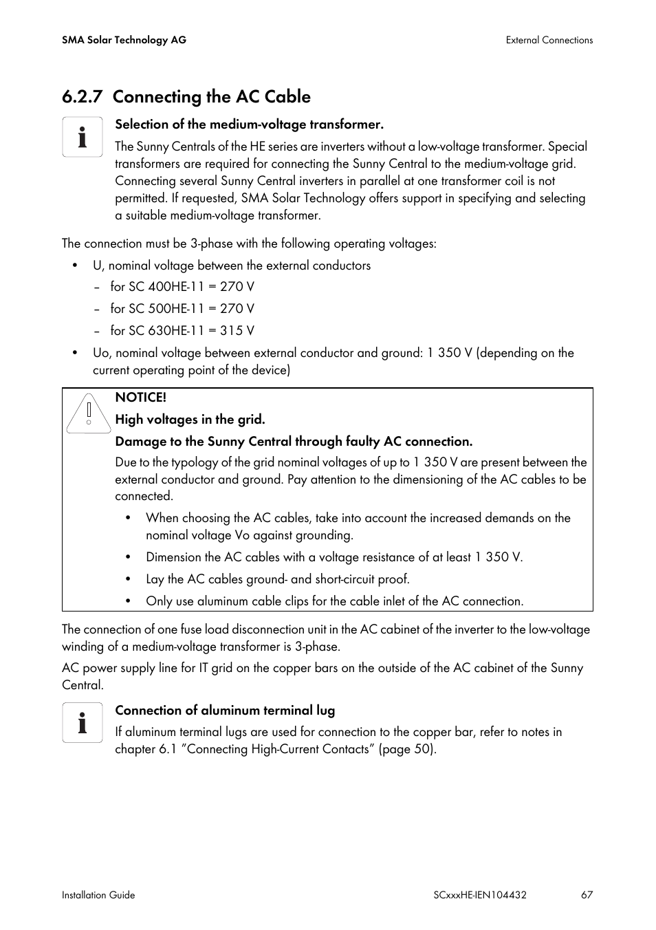 7 connecting the ac cable, Connecting the ac cable | SMA SC 400HE Installation User Manual | Page 67 / 108