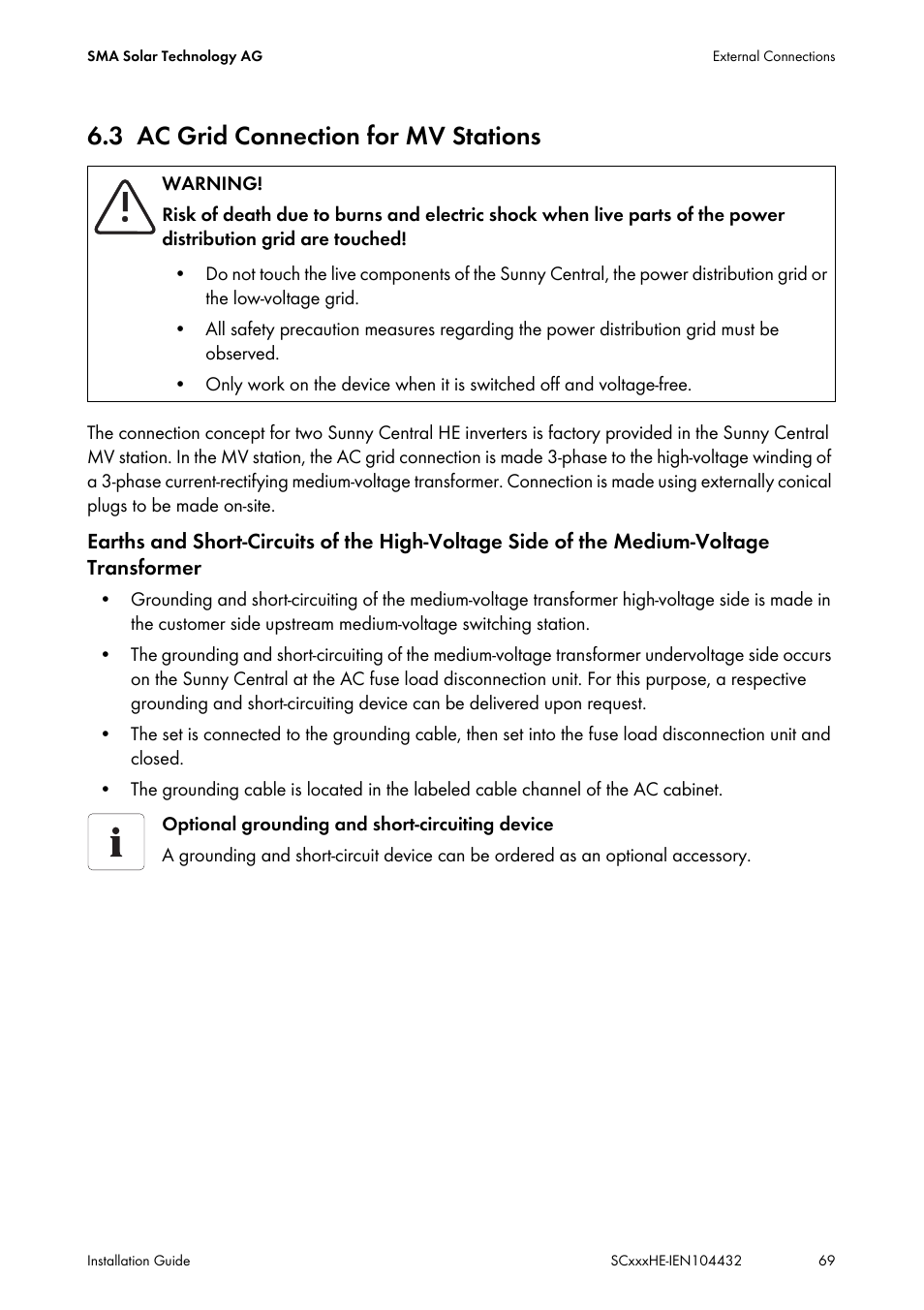 3 ac grid connection for mv stations, Ac grid connection for mv stations | SMA SC 400HE Installation User Manual | Page 69 / 108