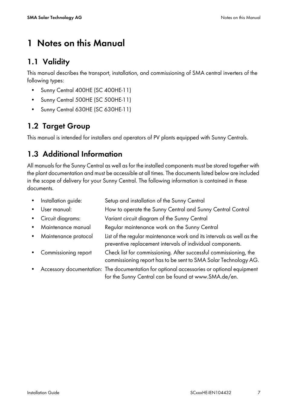 1 notes on this manual, 1 validity, 2 target group | 3 additional information, Notes on this manual, Validity, Target group, Additional information | SMA SC 400HE Installation User Manual | Page 7 / 108