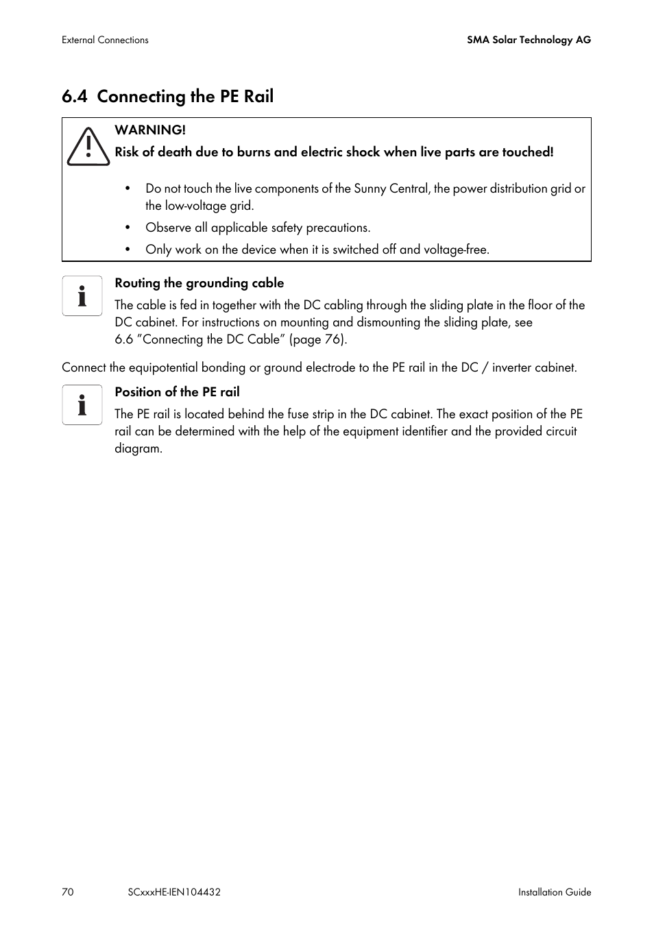 4 connecting the pe rail, Connecting the pe rail | SMA SC 400HE Installation User Manual | Page 70 / 108