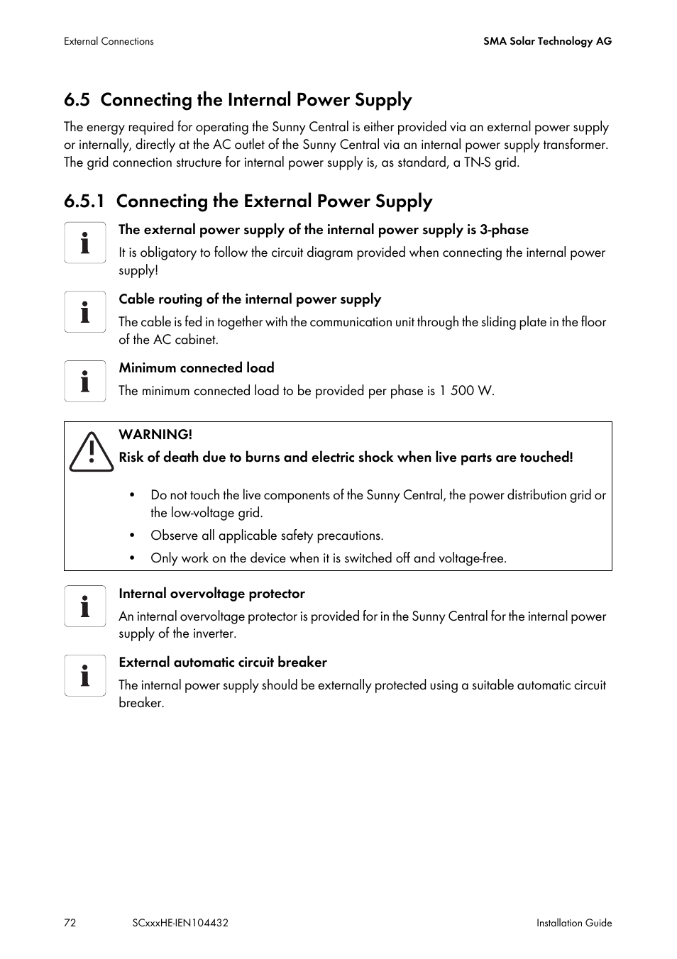 5 connecting the internal power supply, 1 connecting the external power supply, Connecting the internal power supply | Connecting the external power supply | SMA SC 400HE Installation User Manual | Page 72 / 108