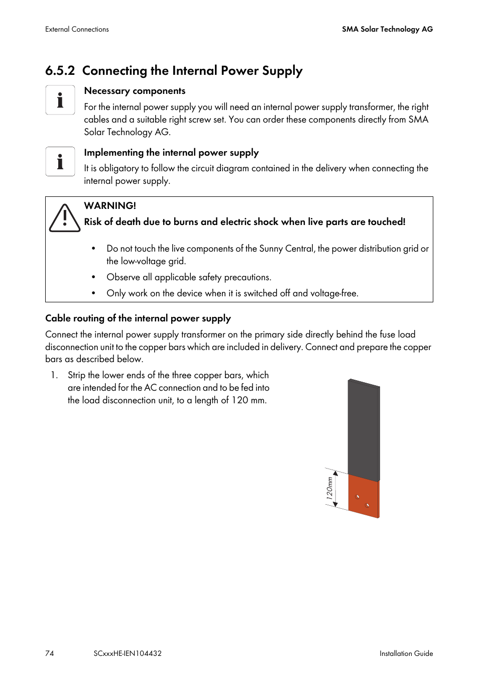 2 connecting the internal power supply, Connecting the internal power supply | SMA SC 400HE Installation User Manual | Page 74 / 108