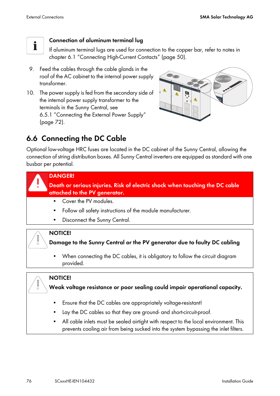 6 connecting the dc cable, Connecting the dc cable | SMA SC 400HE Installation User Manual | Page 76 / 108