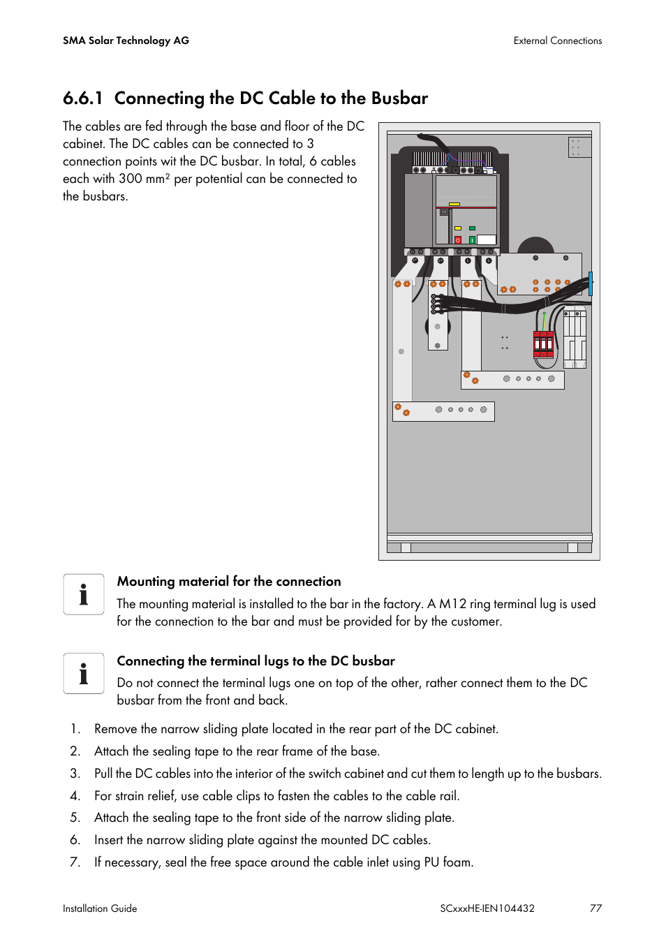 1 connecting the dc cable to the busbar, Connecting the dc cable to the busbar | SMA SC 400HE Installation User Manual | Page 77 / 108