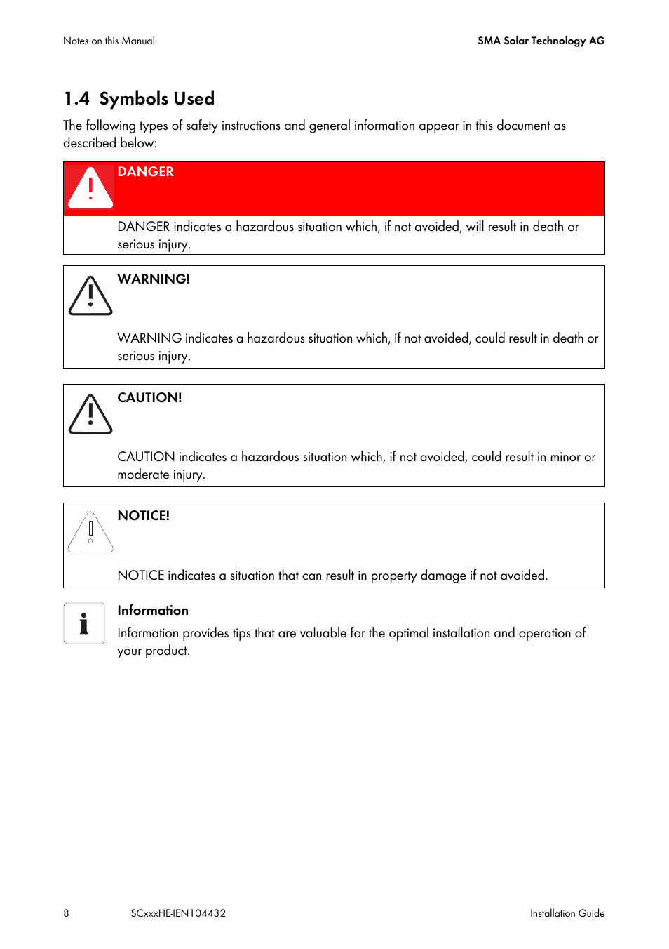 4 symbols used, Symbols used | SMA SC 400HE Installation User Manual | Page 8 / 108