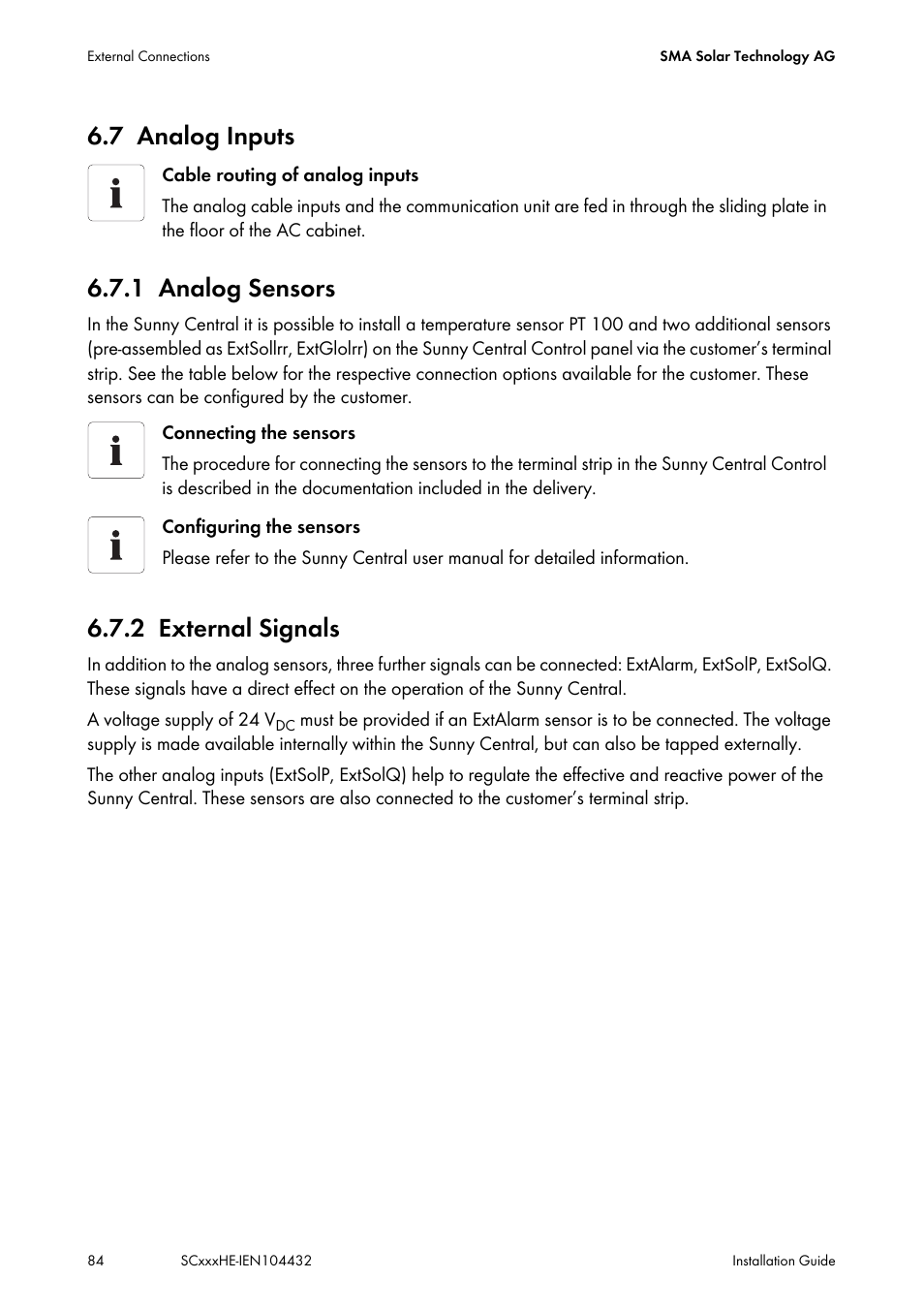 7 analog inputs, 1 analog sensors, 2 external signals | Analog inputs, Analog sensors, External signals, 7 analog inputs 6.7.1 analog sensors | SMA SC 400HE Installation User Manual | Page 84 / 108