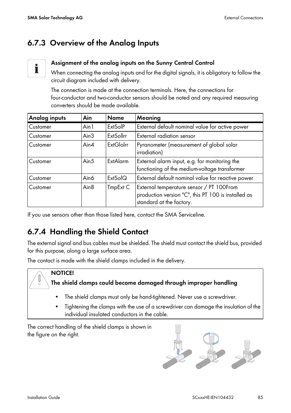 3 overview of the analog inputs, 4 handling the shield contact | SMA SC 400HE Installation User Manual | Page 85 / 108